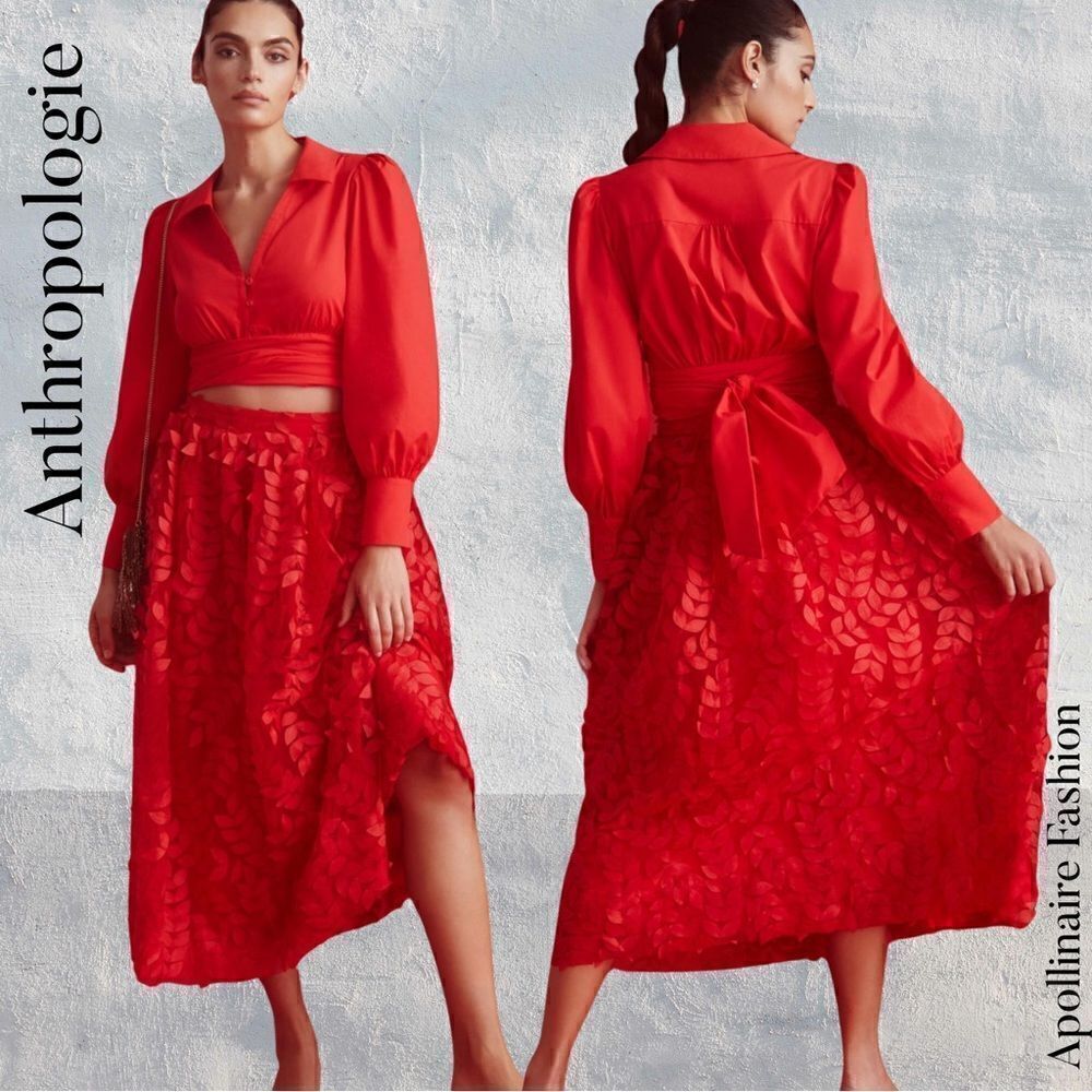 ANTHROPOLOGIE BY SUNDAY IN BROOKLYN DIMENSIONAL LEAF MAXI SKIRT IN RED SIZE 8